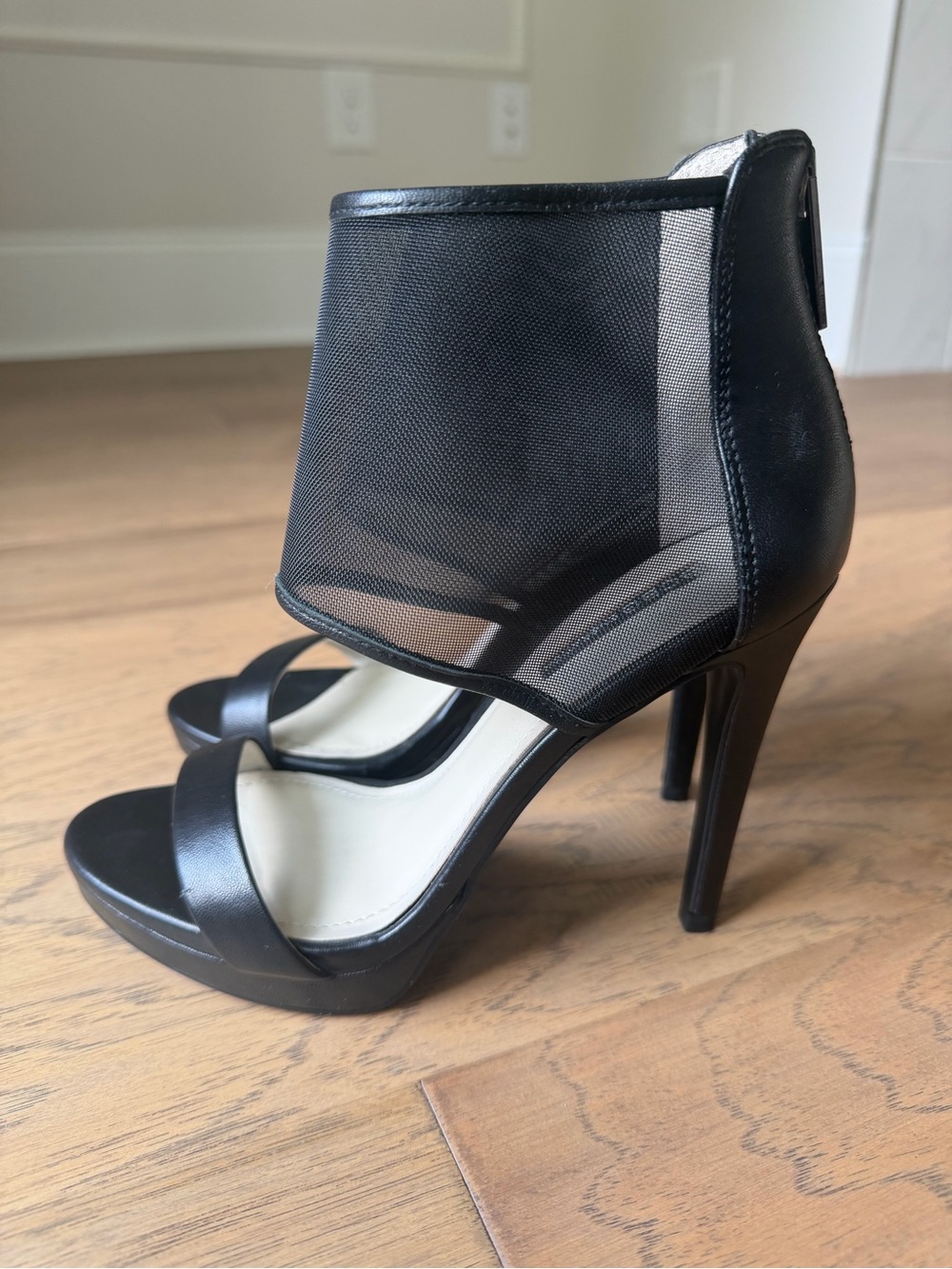 BCBGeneration Black Mesh Ankle-Cuff Open-Toe Heels with Leather Strap